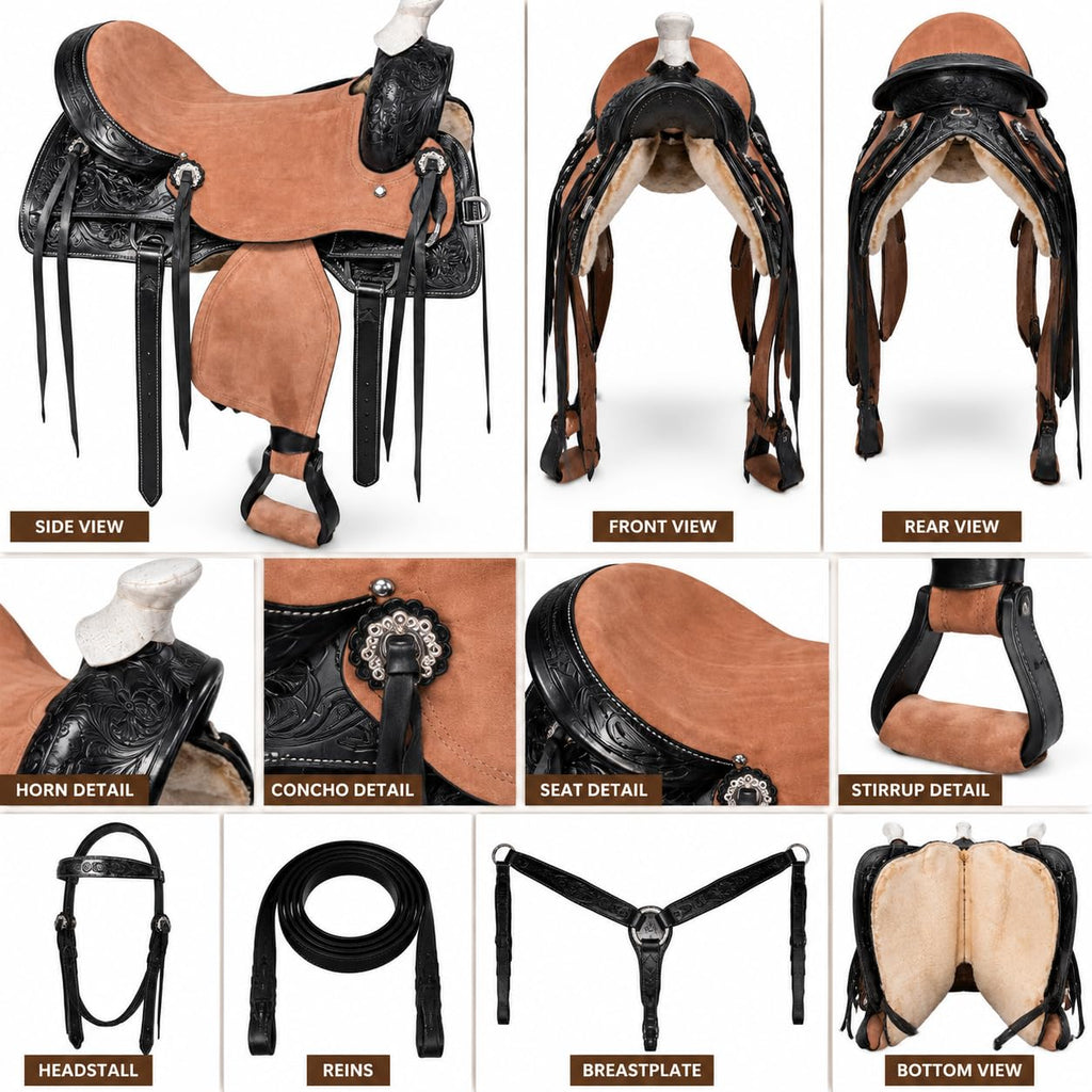 Argentina Cow Leather Saddle Set with Headstall, Reins & Breastplate W841390