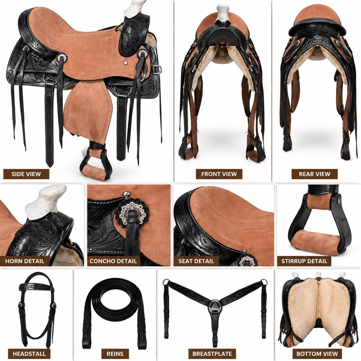 Argentina Cow Leather Saddle Set with Headstall, Reins & Breastplate W841390