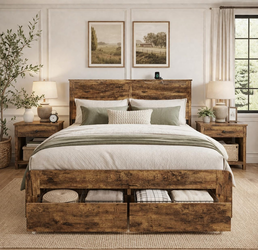 Queen Size Wooden Bed Frame with Storage Drawers W984