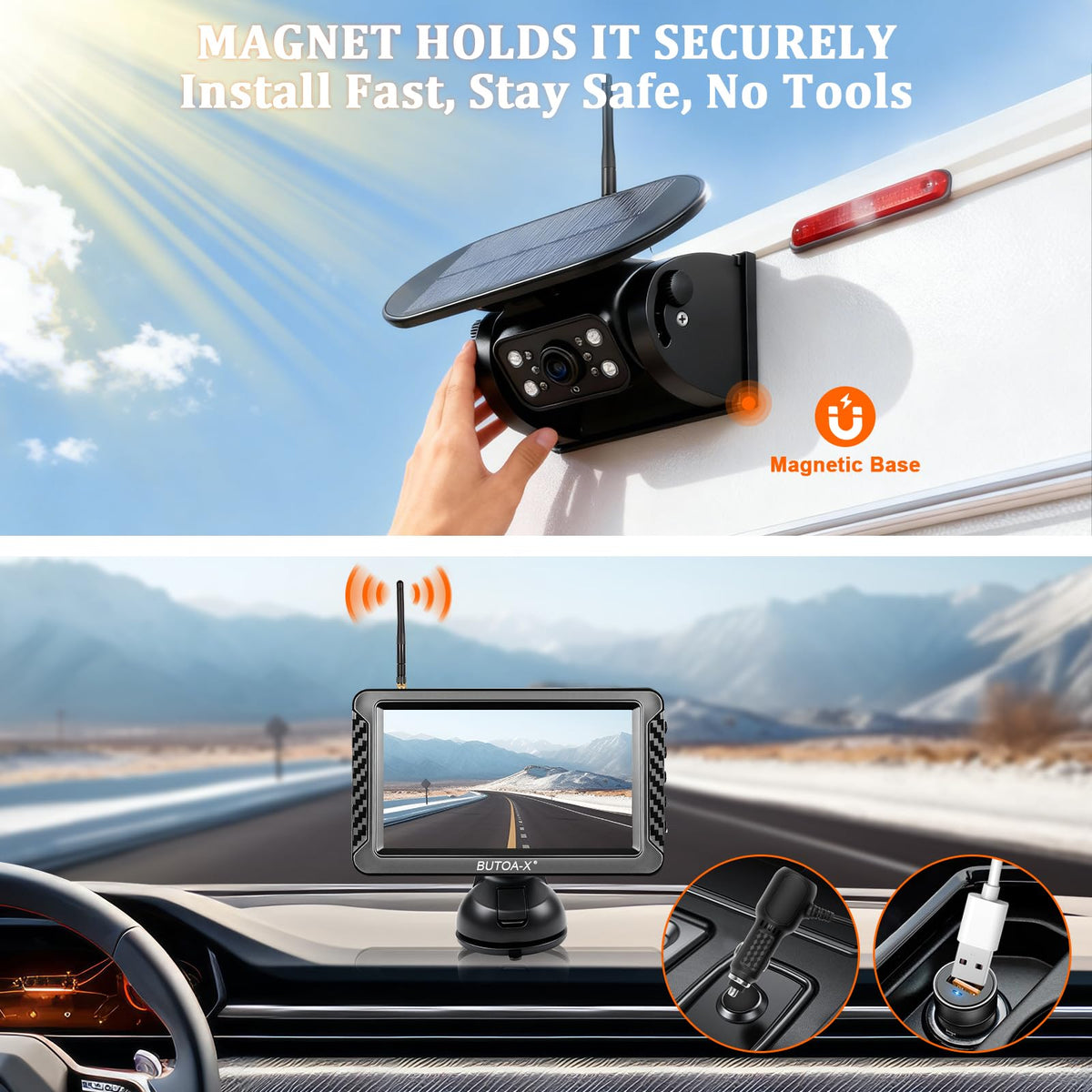 Magnetic Solar Wireless Backup Camera with 5" HD Monitor S993