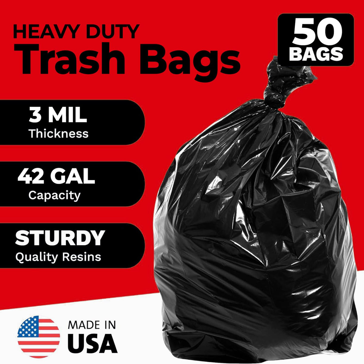 42 Gallon Heavy Duty Black 3 Mil Trash Bags, 50 Count I4887