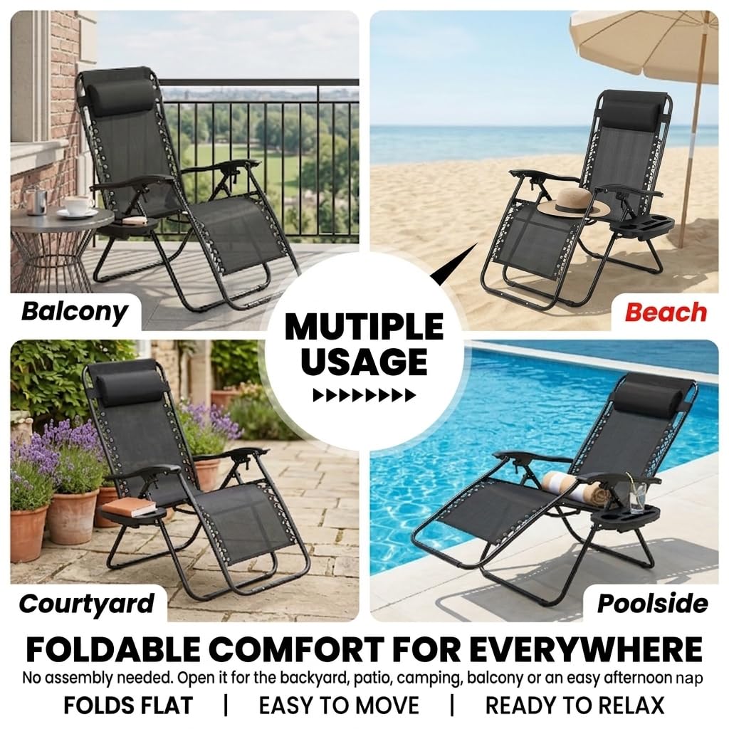 Black Zero Gravity Lounge Chair with Pillow & Cup Holder C3560