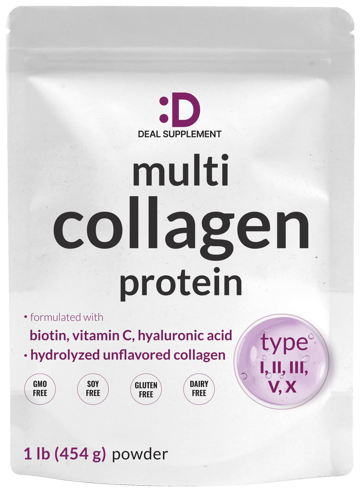 Multi Collagen Protein Powder, 1Lb Type I II III V X Peptides with Biotin Vitamin C & Hyaluronic Acid, Unflavored R60794