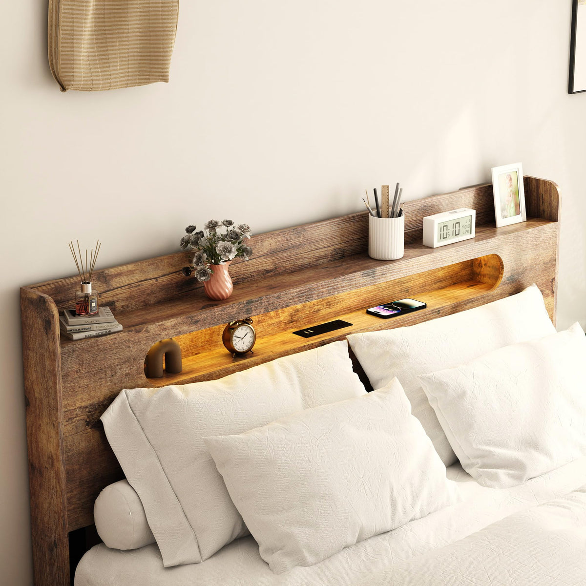 Wooden Full Bed Frame with Storage Headboard K136