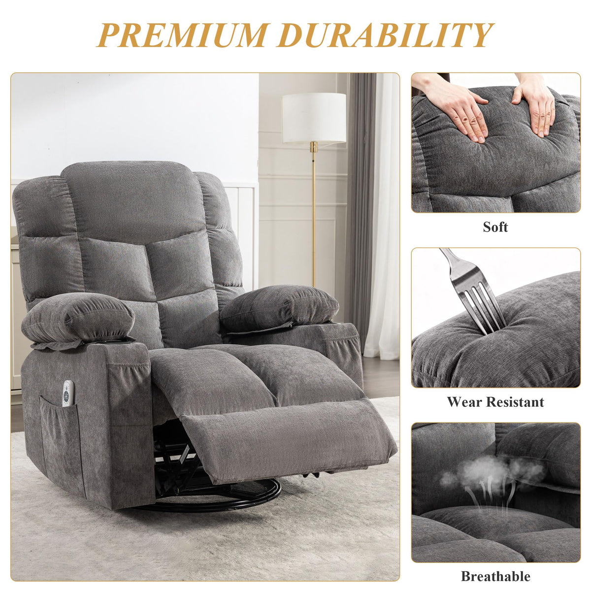 Swivel Rocker Recliner Chair with Massage and Heat S996