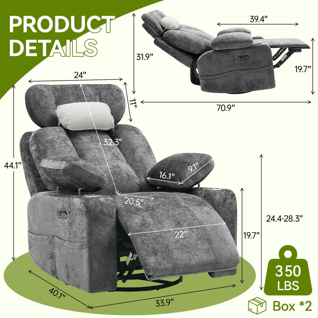 Dark Gray Swivel Rocking Recliner Chair with USB Charging C598