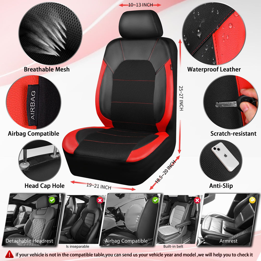 Universal Leather Car Seat Covers Full Set Black Red N81049