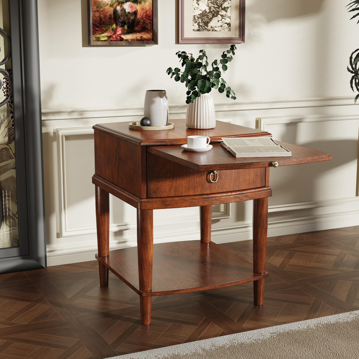 Large Cherry Wood 2-Tier Side Table with Drawer and Shelf Q87476