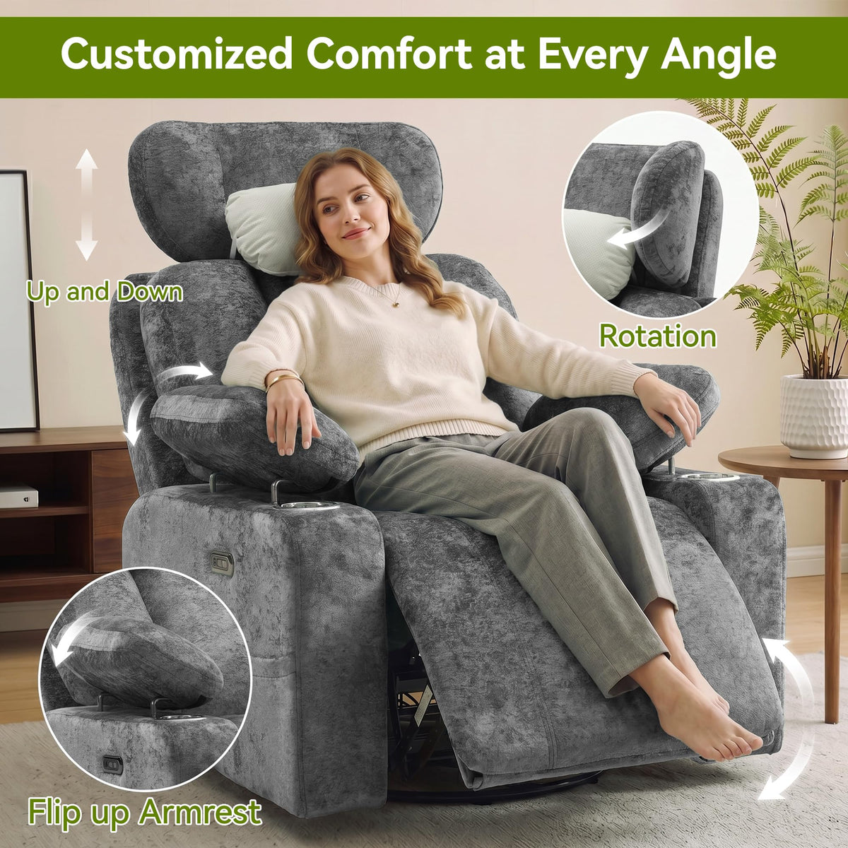 Dark Gray Swivel Rocking Recliner Chair with USB Charging C598