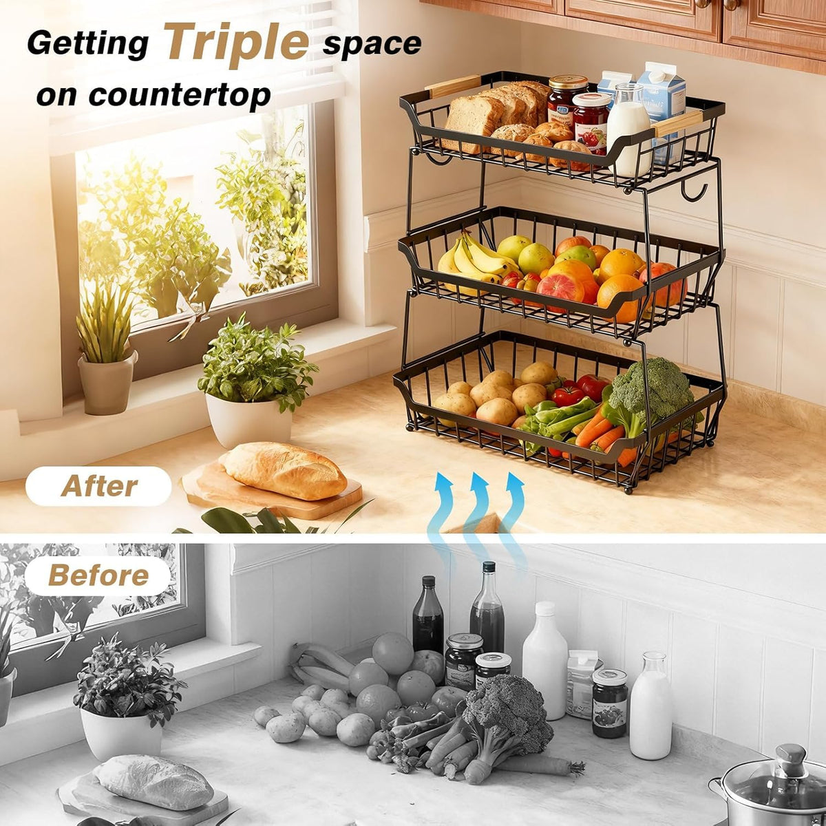 3 Tier Fruit Basket with 2 Banana Hangers E13352