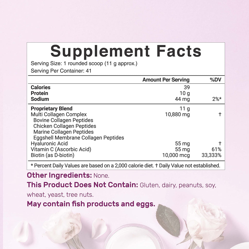 Multi Collagen Protein Powder, 1Lb Type I II III V X Peptides with Biotin Vitamin C & Hyaluronic Acid, Unflavored R60794
