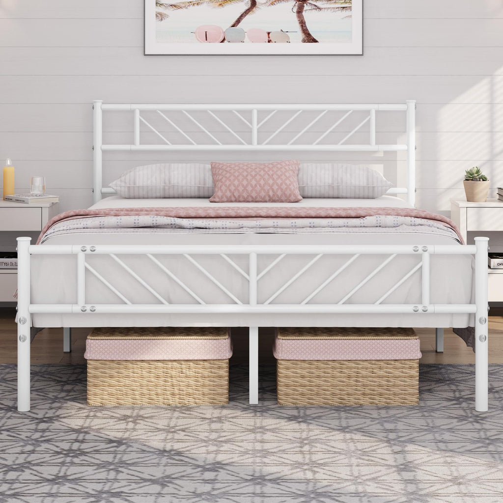 White Full Metal Platform Bed Frame with Arrow Design Headboard Q927
