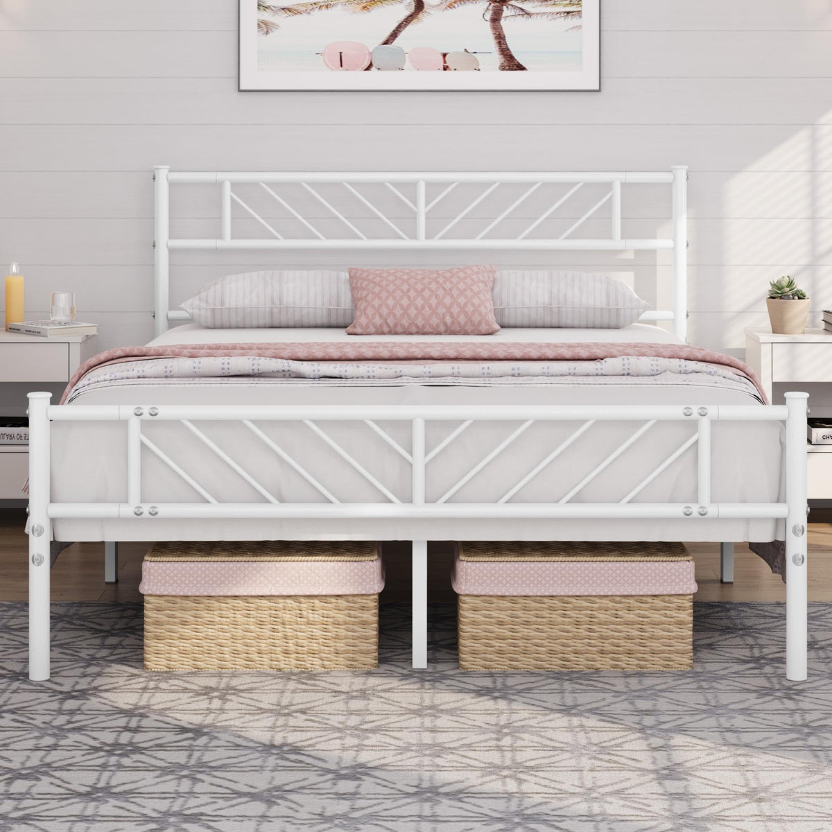 White Full Metal Platform Bed Frame with Arrow Design Headboard Q927
