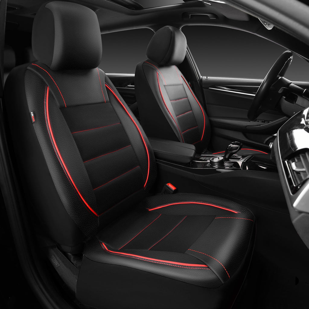 Black Red Faux Leather Front Seat Covers T603