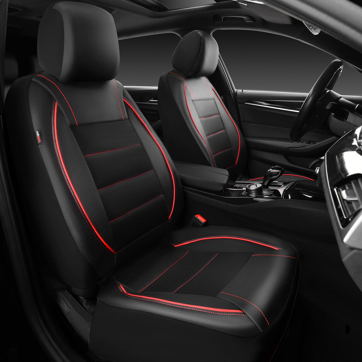 Black Red Faux Leather Front Seat Covers T603