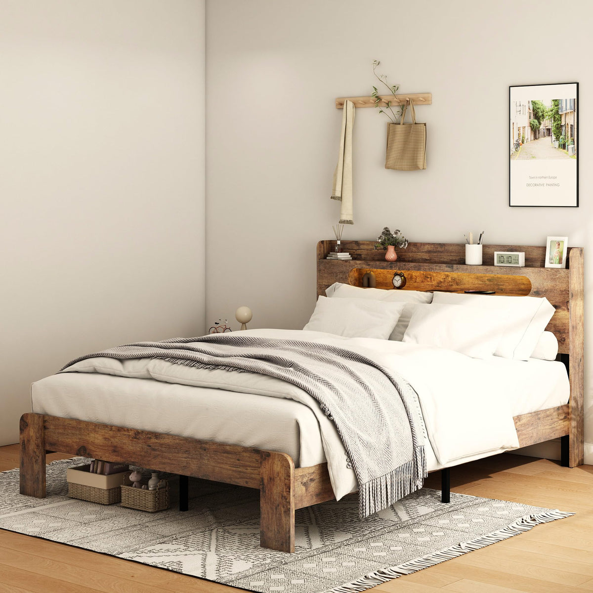 Wooden Full Bed Frame with Storage Headboard K136