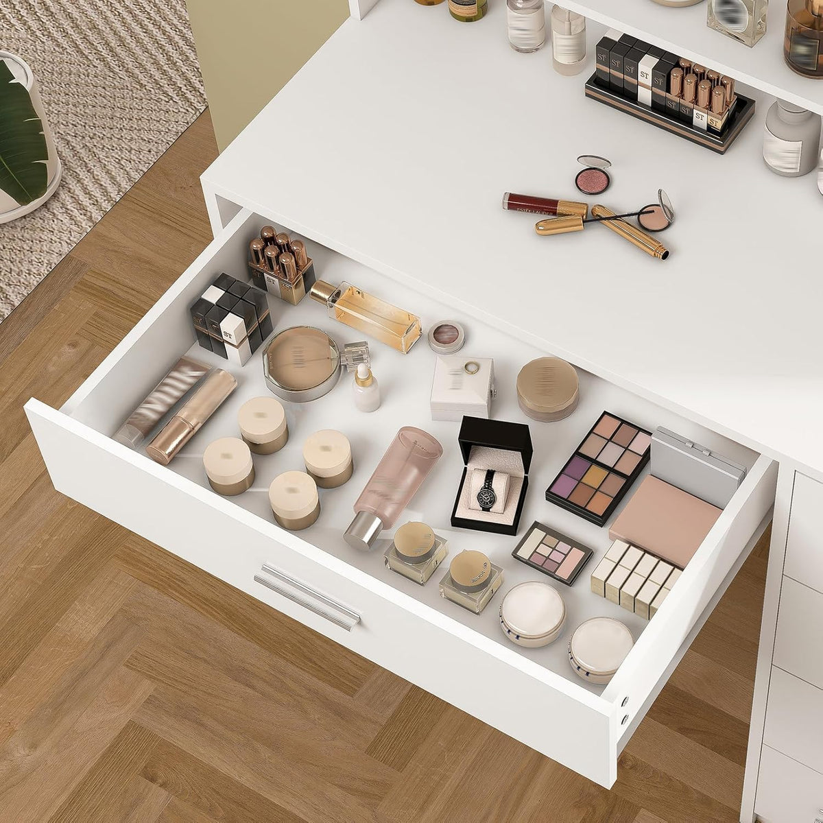 White Vanity Desk with Mirror & Lights, 5 Drawers & Storage Shelves D59728