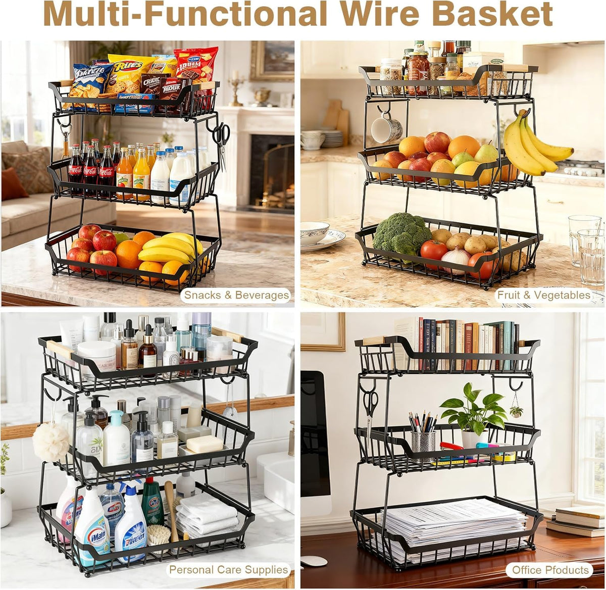 3 Tier Fruit Basket with 2 Banana Hangers E13352