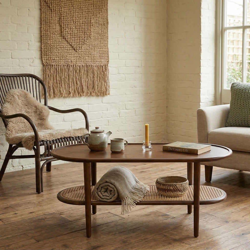 Oval 2-Tier Coffee Table with Rattan Storage Shelf U366314