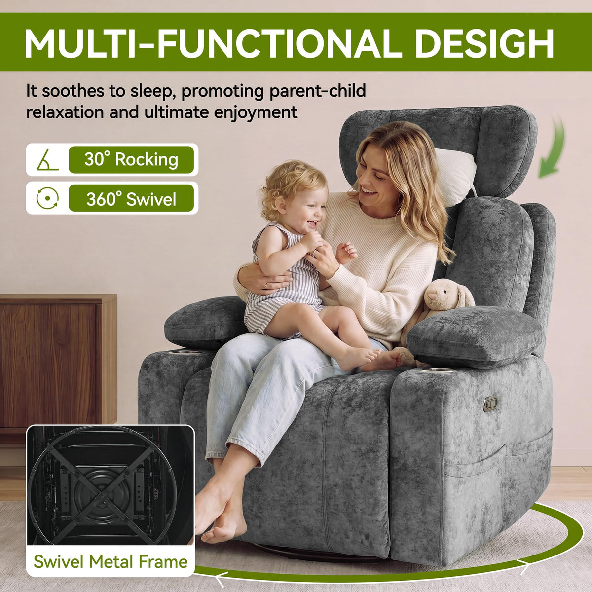 Dark Gray Swivel Rocking Recliner Chair with USB Charging C598