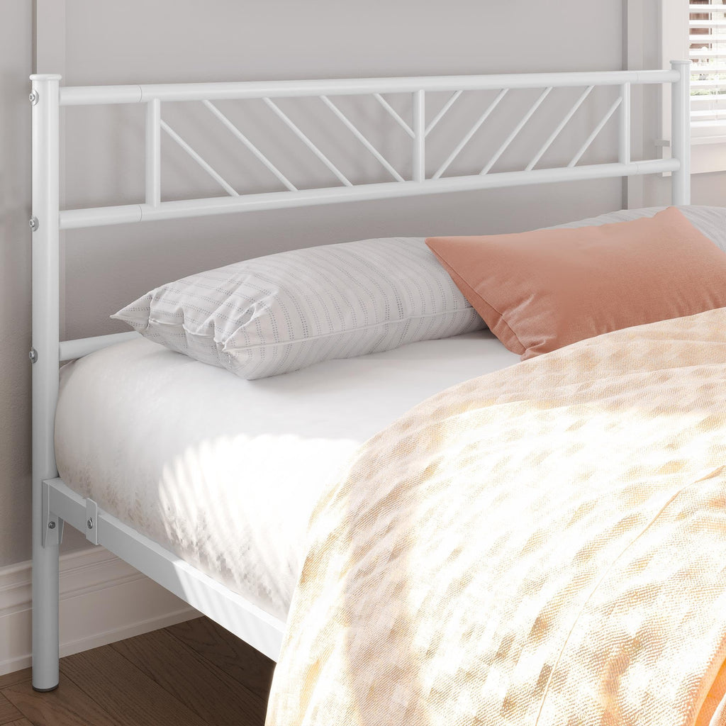 White Full Metal Platform Bed Frame with Arrow Design Headboard Q927