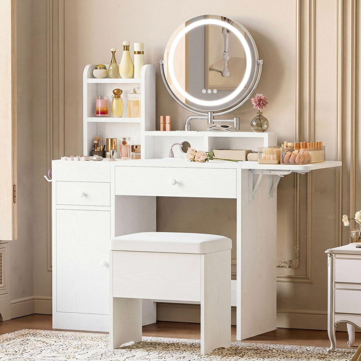 White Vanity Desk with Mirror & Power Outlet U745481