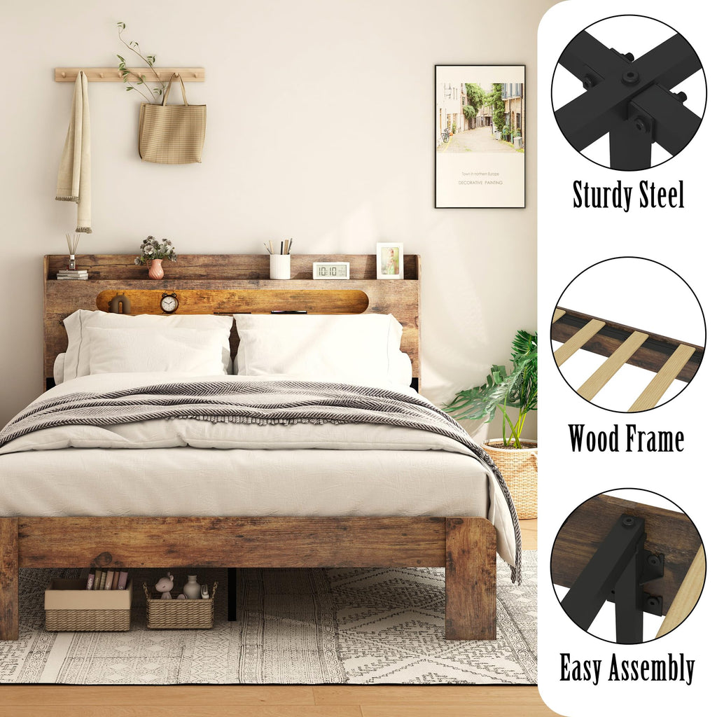 Wooden Full Bed Frame with Storage Headboard K136