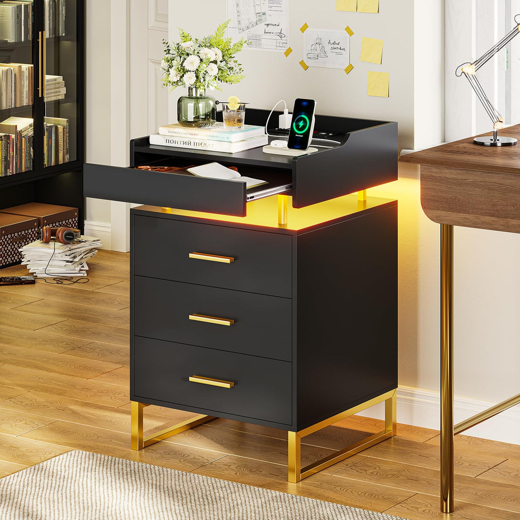 Black and Gold LED Nightstand with Charging Station S868084