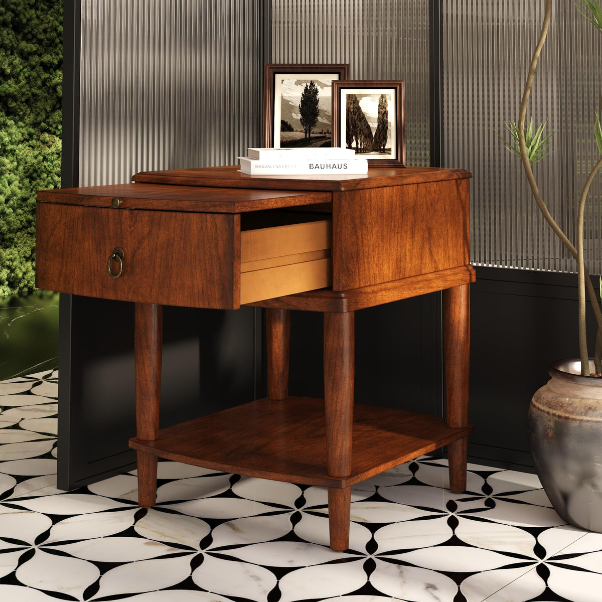 Large Cherry Wood 2-Tier Side Table with Drawer and Shelf Q87476