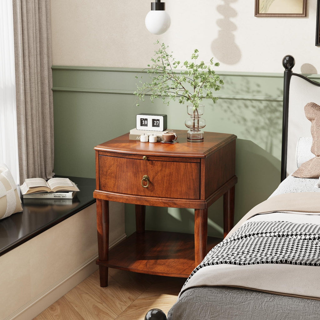 Large Cherry Wood 2-Tier Side Table with Drawer and Shelf Q87476