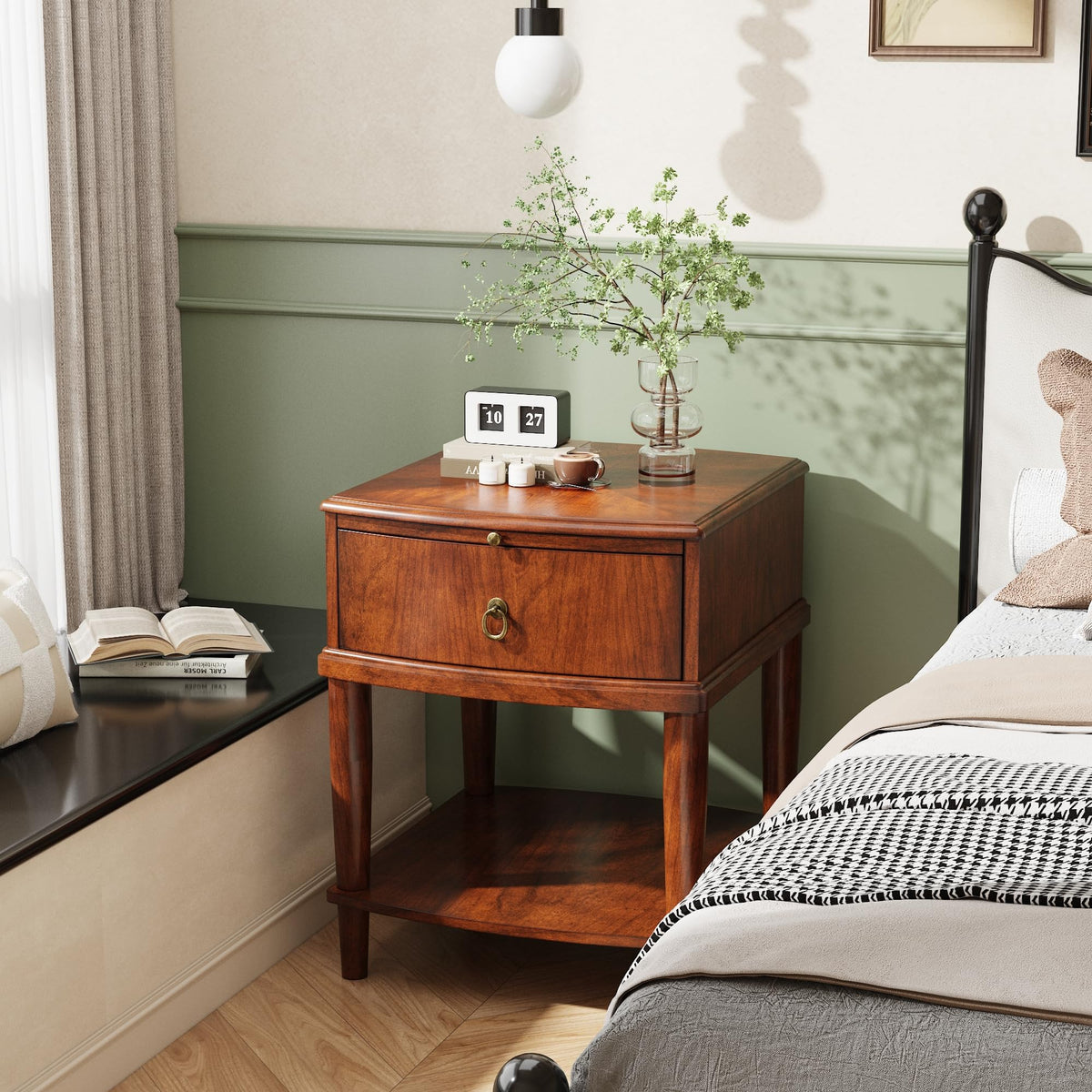 Large Cherry Wood 2-Tier Side Table with Drawer and Shelf Q87476