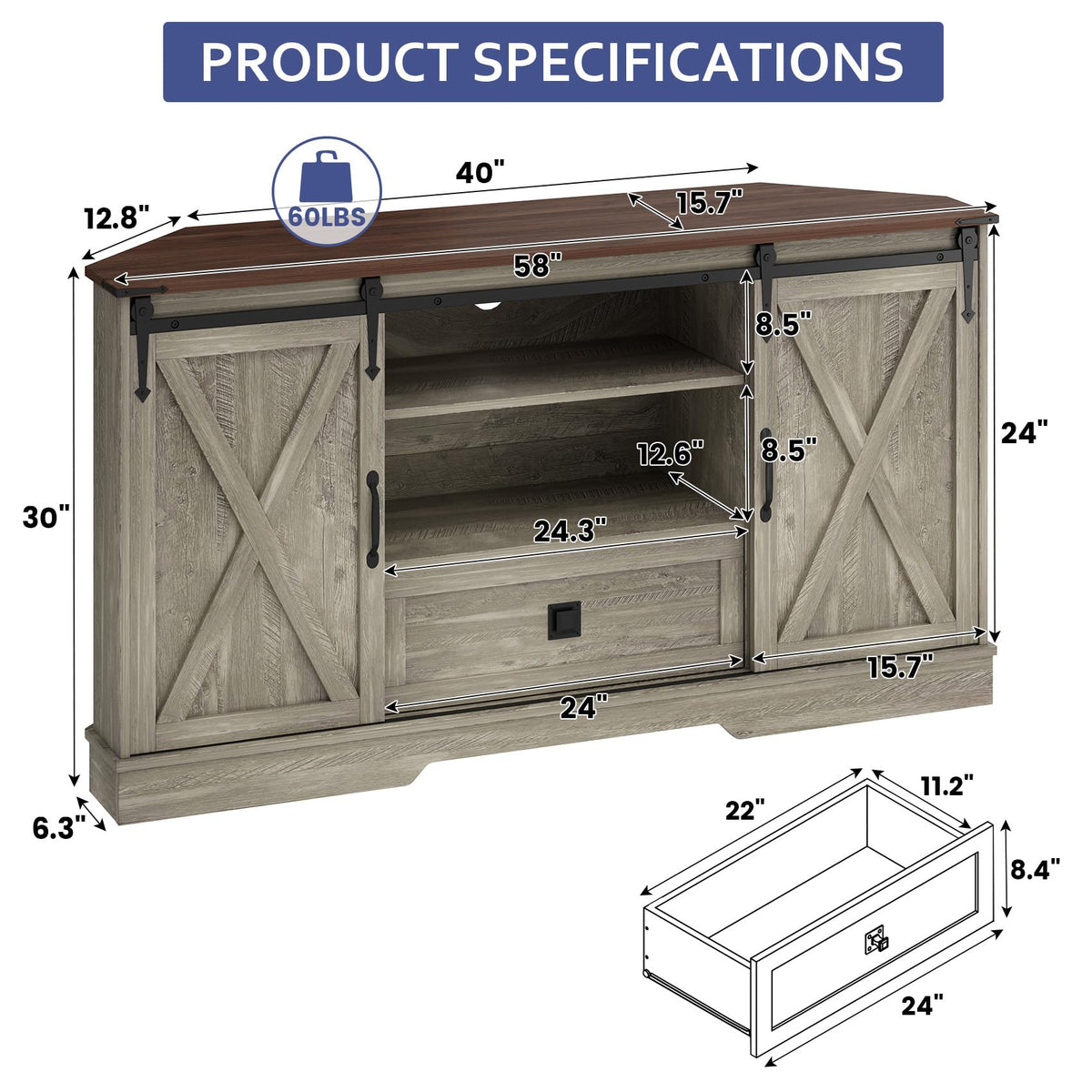 Corner TV Stand with Sliding Barn Door & Removable Shelves F2511