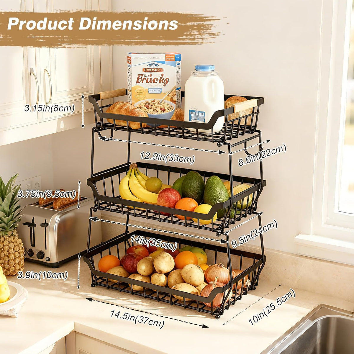 3 Tier Fruit Basket with 2 Banana Hangers E13352