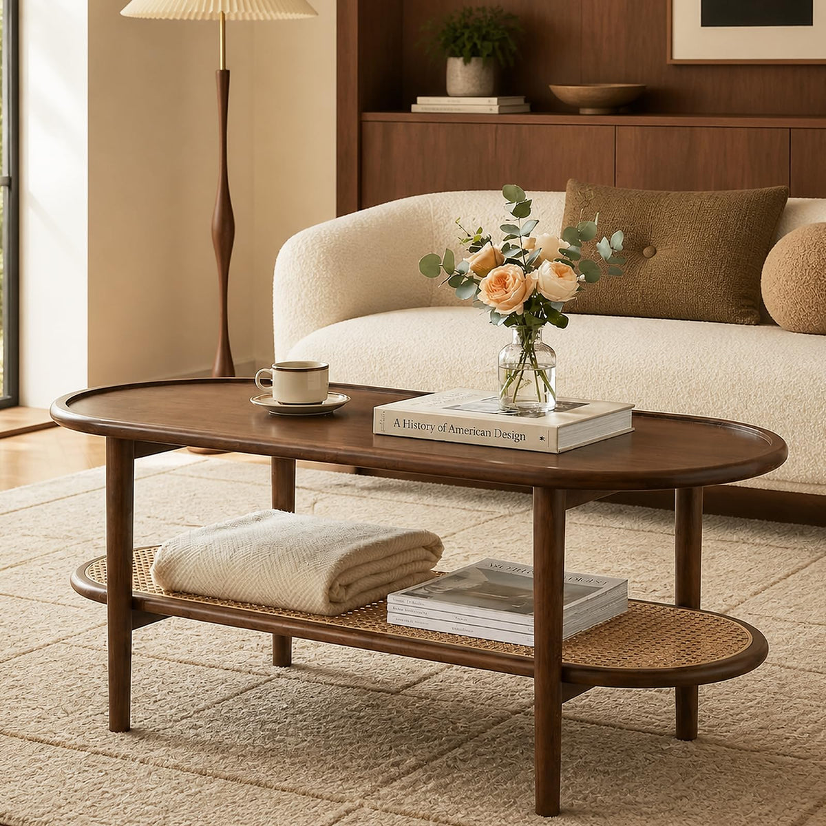 Oval 2-Tier Coffee Table with Rattan Storage Shelf U366314