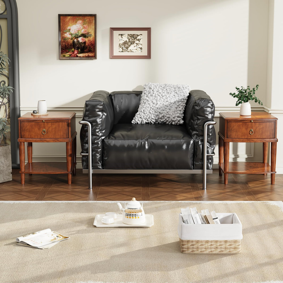 Large Cherry Wood 2-Tier Side Table with Drawer and Shelf Q87476