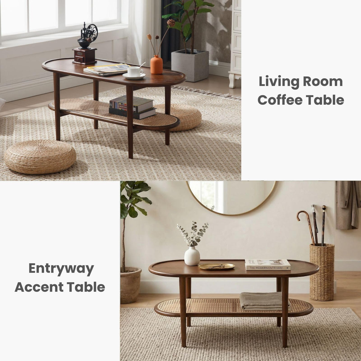Oval 2-Tier Coffee Table with Rattan Storage Shelf U366314
