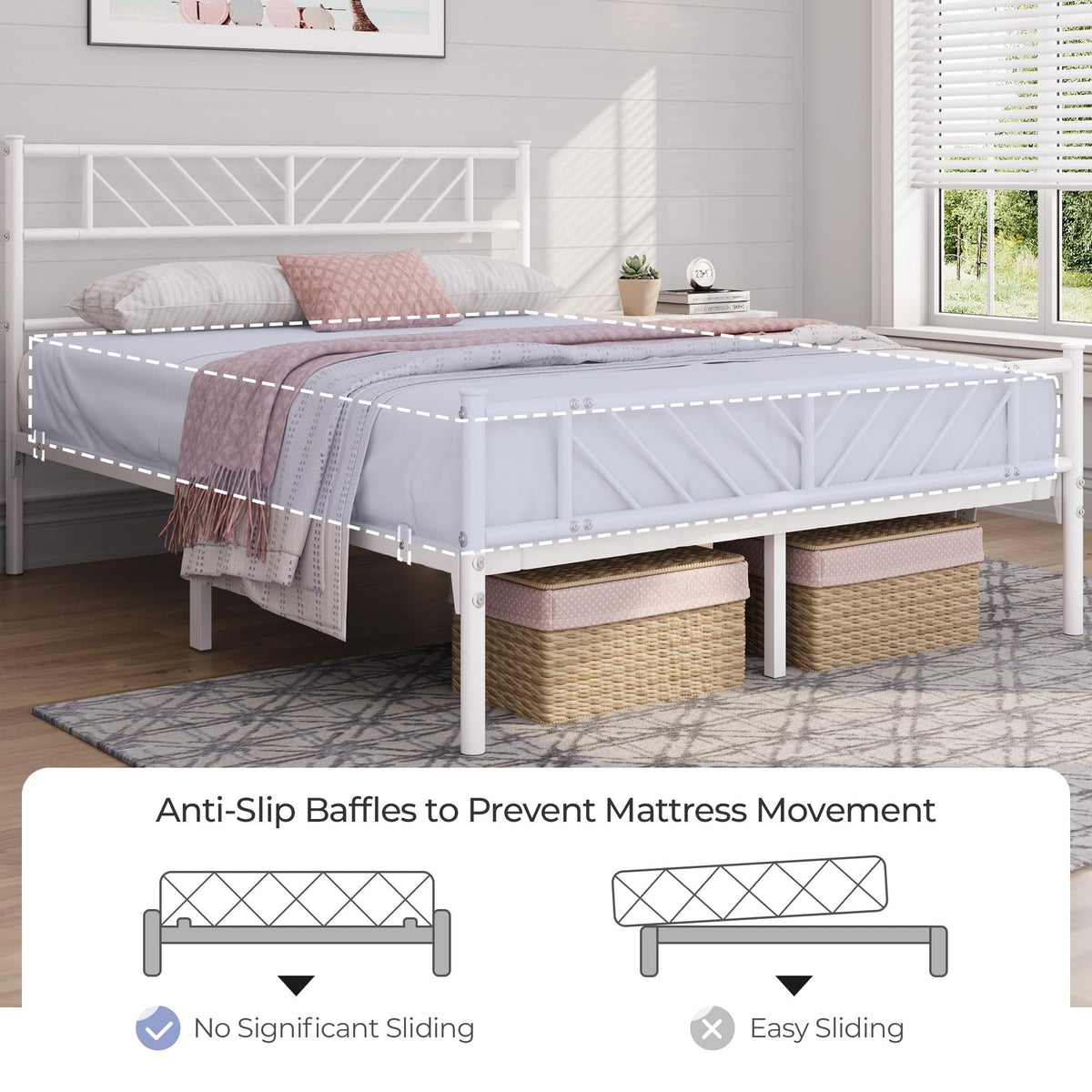 White Full Metal Platform Bed Frame with Arrow Design Headboard Q927