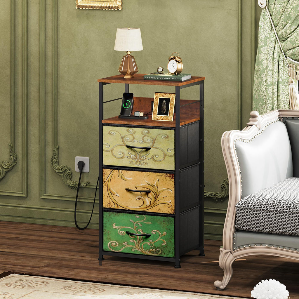 Night Stand with Charging Station, 3 Drawer Bedside Table Z4207