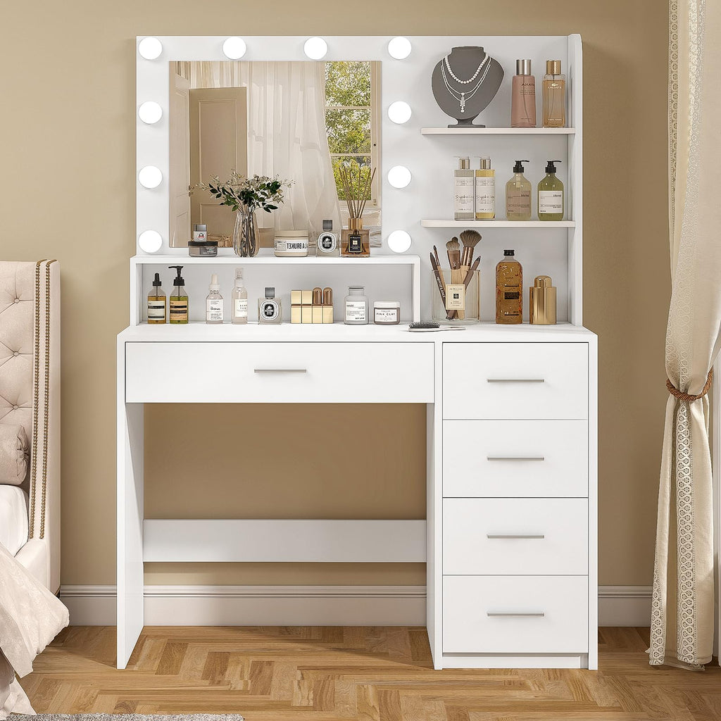 White Vanity Desk with Mirror & Lights, 5 Drawers & Storage Shelves D59728