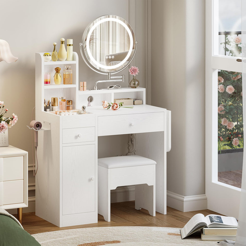 White Vanity Desk with Mirror & Power Outlet U745481