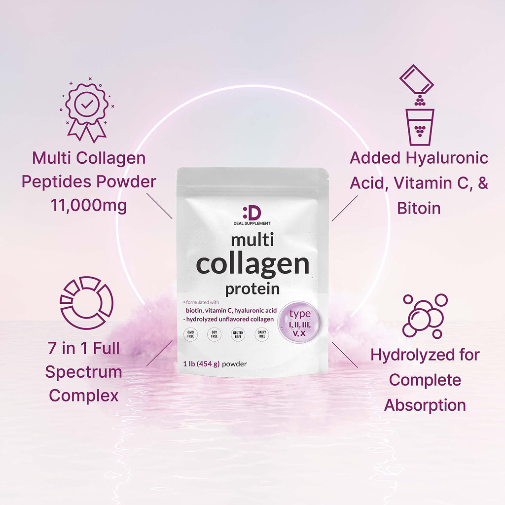 Multi Collagen Protein Powder, 1Lb Type I II III V X Peptides with Biotin Vitamin C & Hyaluronic Acid, Unflavored R60794