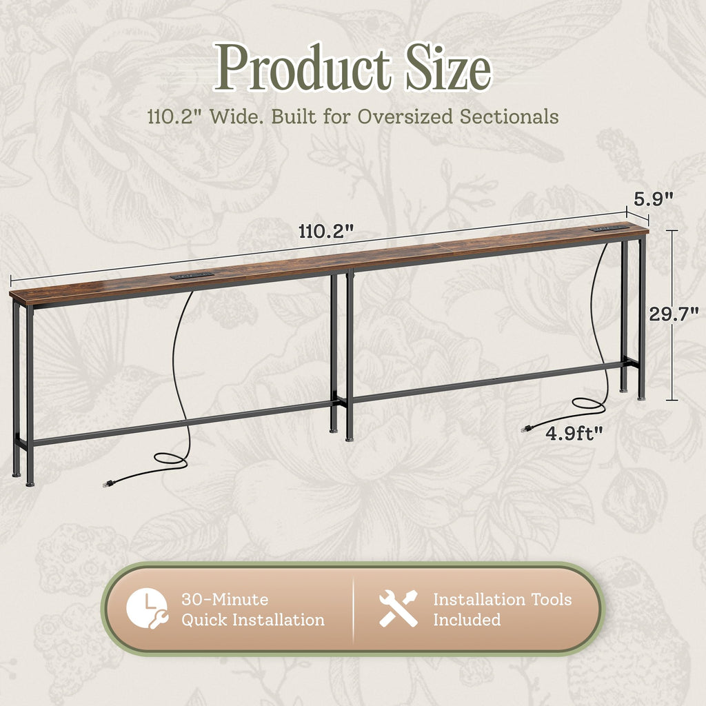 110.2 Inch Narrow Sofa Table with Power Outlets and USB-C Ports Q205