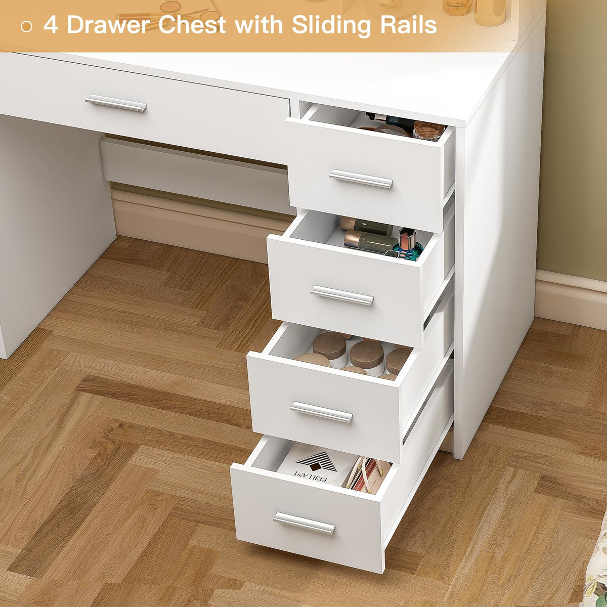 White Vanity Desk with Mirror & Lights, 5 Drawers & Storage Shelves D59728