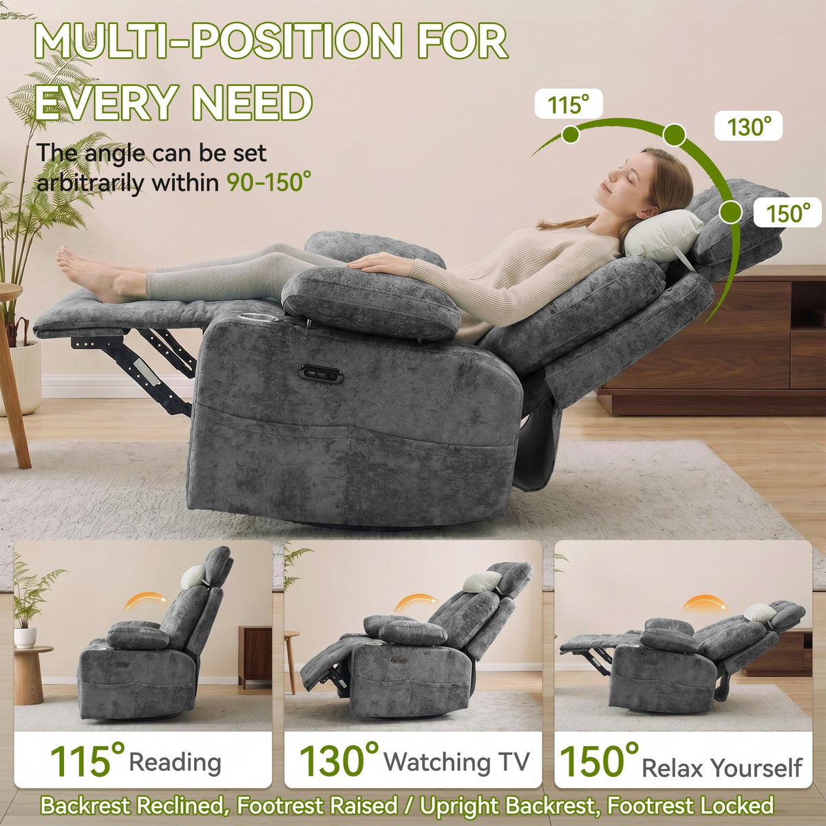 Dark Gray Swivel Rocking Recliner Chair with USB Charging C598