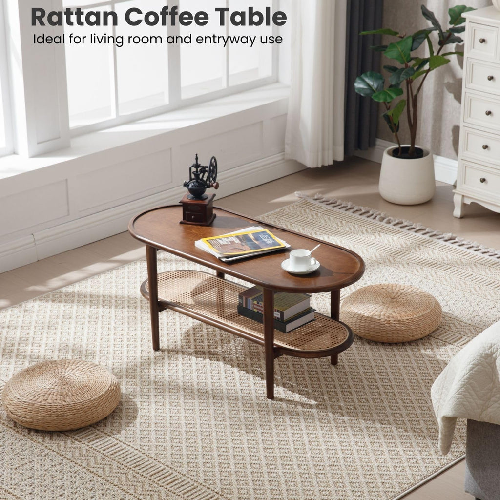 Oval 2-Tier Coffee Table with Rattan Storage Shelf U366314
