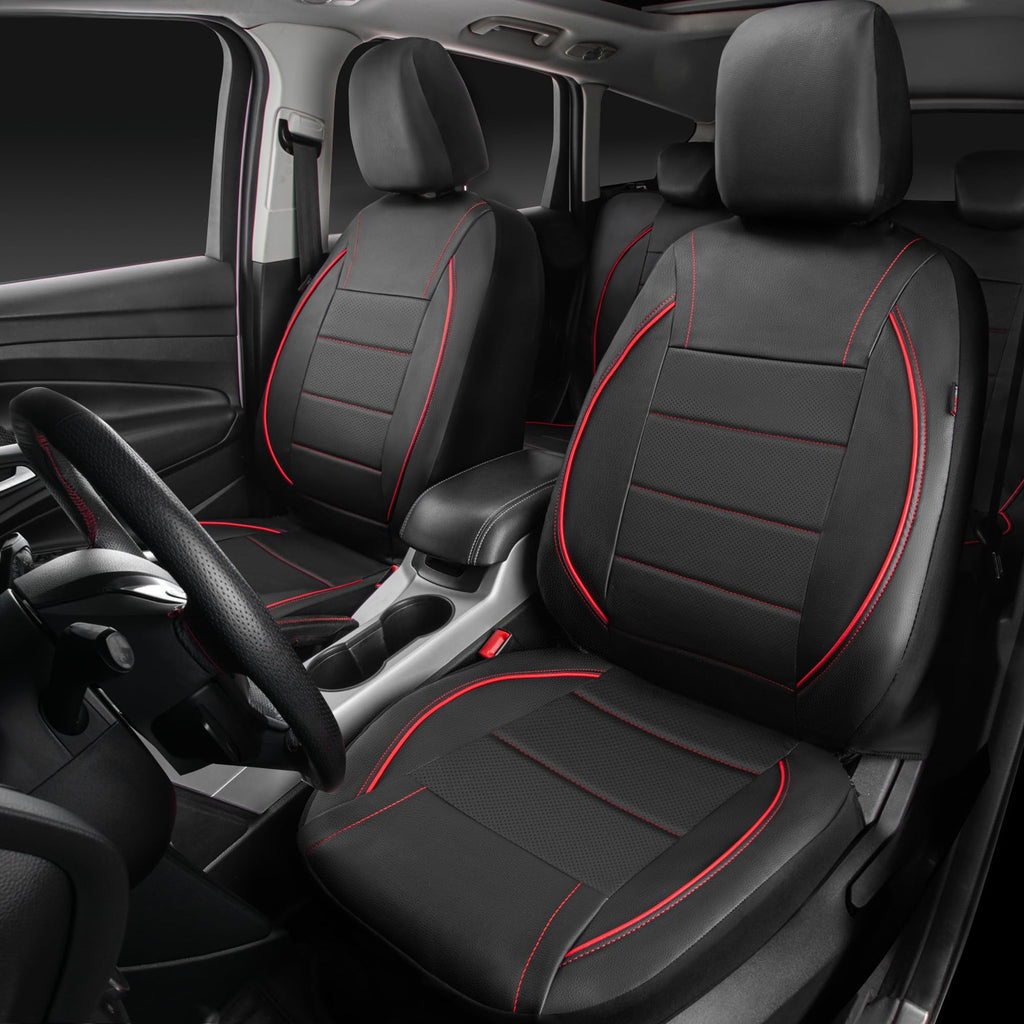Black Red Faux Leather Front Seat Covers T603