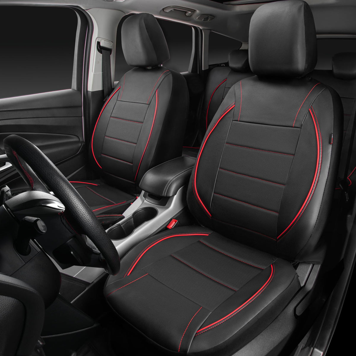 Black Red Faux Leather Front Seat Covers T603