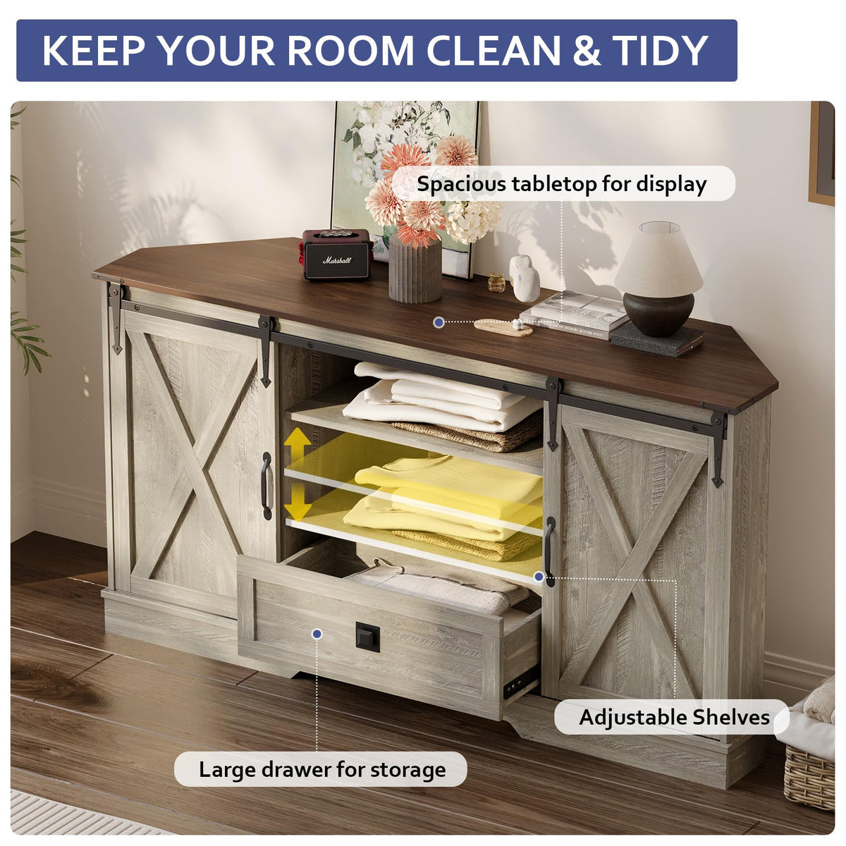 Corner TV Stand with Sliding Barn Door & Removable Shelves F2511