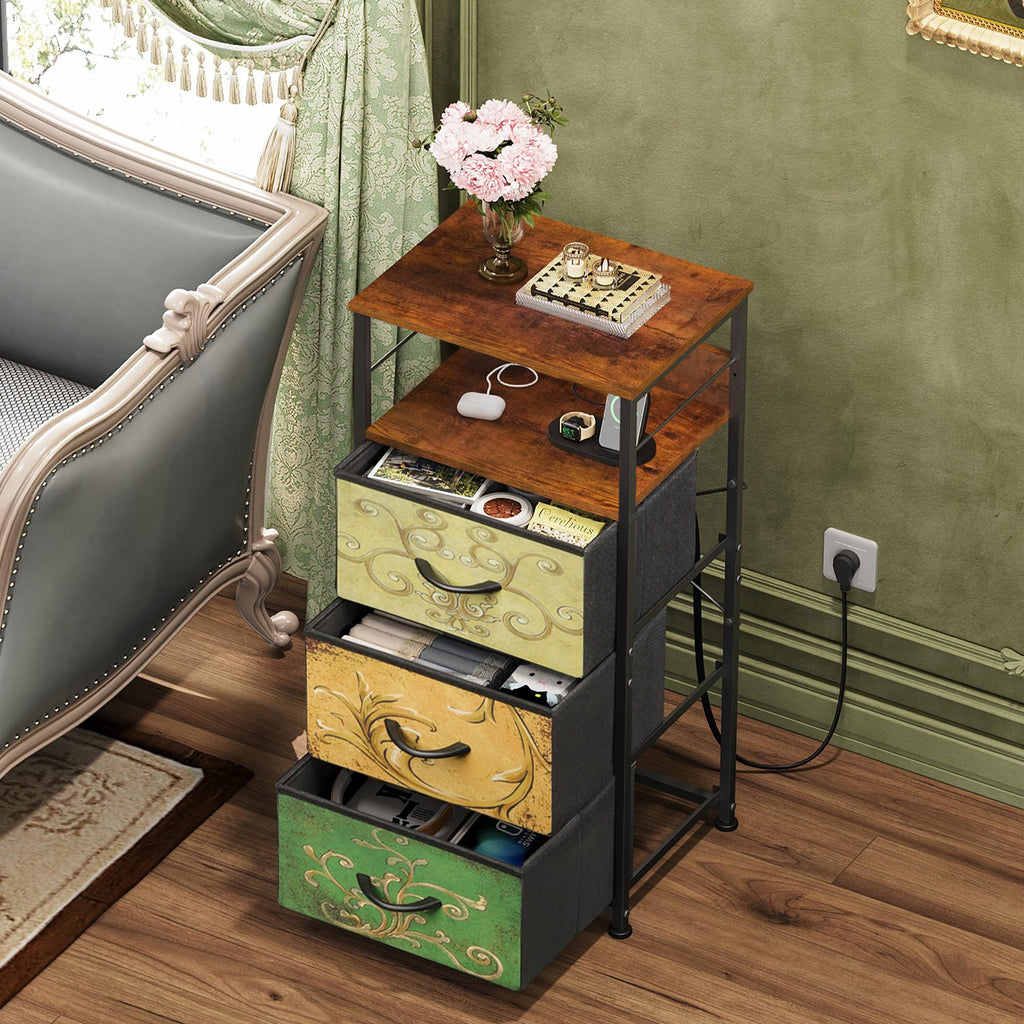 Night Stand with Charging Station, 3 Drawer Bedside Table Z4207