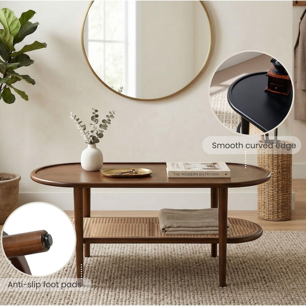 Oval 2-Tier Coffee Table with Rattan Storage Shelf U366314